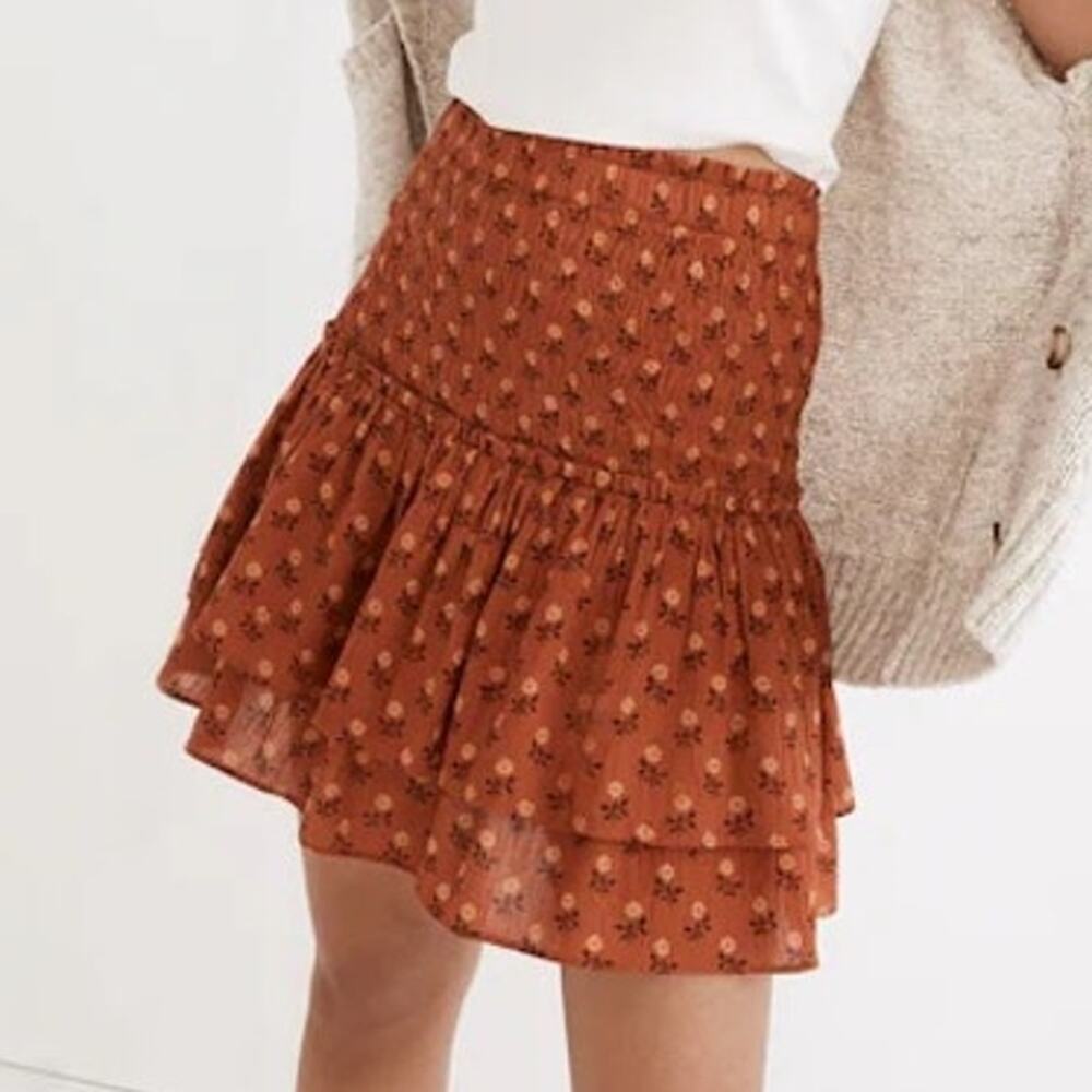 Madewell Women’s Small Mini Skirt Smocked Pull On Tiered Floral 100% Cotton